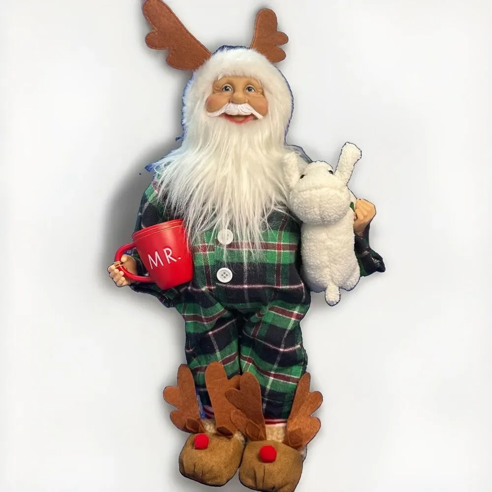 Holiday Time 18” Santa Doll Wearing Plaid Pajamas Holding Cup Hot Chocolate